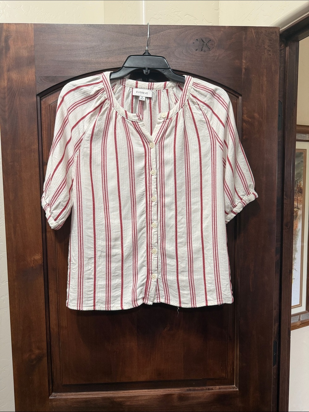 Evereve Cream Blouse with Red Stripes Button-Front Top